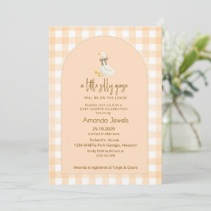 Invitation Pêche Gingham Petite Oie Marron Ruban Baby Shower