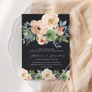 Invitation Pêche Green Navy Pastel Floral Mariage
