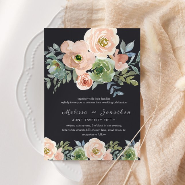 Invitation Pêche Green Navy Pastel Floral Mariage (Créateur téléchargé)