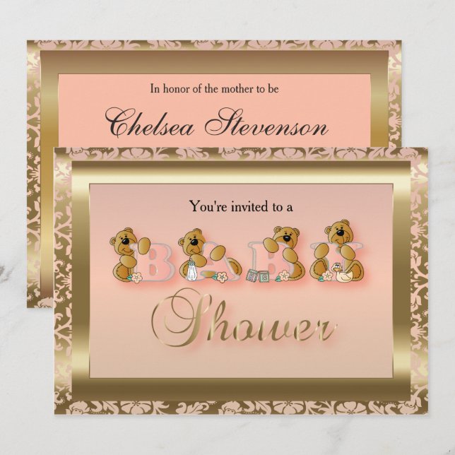 Invitation Pêche & Or Damask avec Nounours | Baby shower (Devant / Derrière)