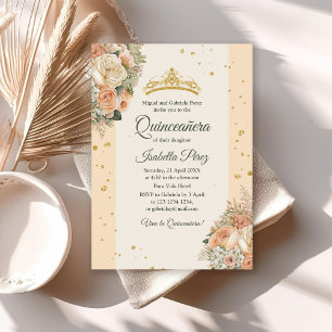 Invitation Pêche Peonies et Parties scintillant Tiara Quincea