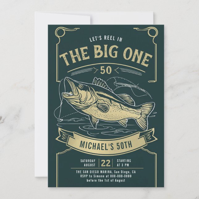 Invitation Pêche Poisson Roue Vert Or Hommes 50e anniversaire (Devant)