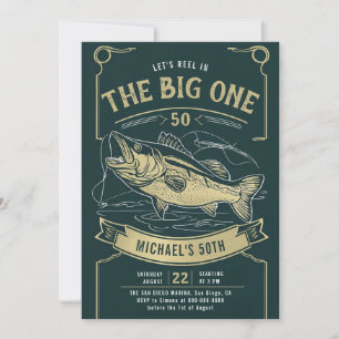 Invitation Pêche Poisson Roue Vert Or Hommes 50e anniversaire