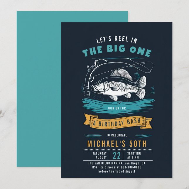 Invitation Pêche Reel Blue Navy Hommes 50e anniversaire (Devant / Derrière)
