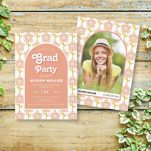 Invitation Pêche rétro et fleurs jaunes les années 70 Graduat (Créateur téléchargé)