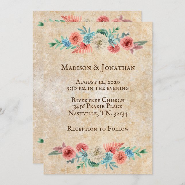 Invitation Pêche romantique | Mariage floral turquoise (Devant / Derrière)