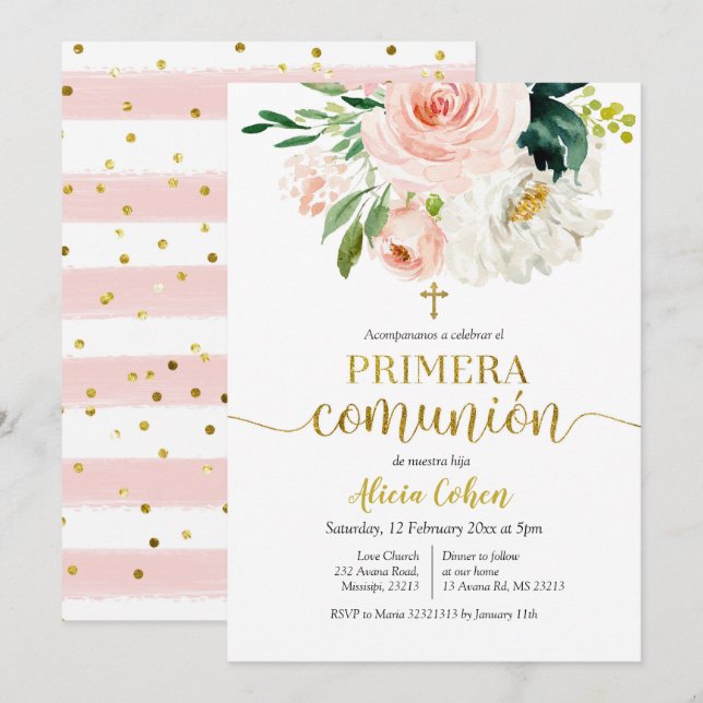 Invitation Pêche rose Floral Primera comunión Invitacion (Devant / Derrière)