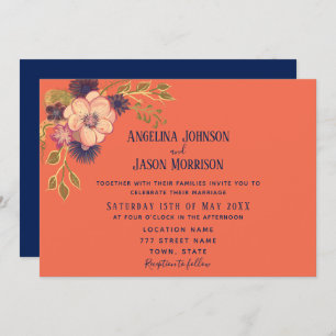 Invitation Pêche rose florale et Mariage bleu marine