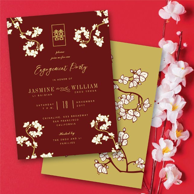 Invitation Pêche Rouge/Fleurs de prune Chic Floral Mariage as (Burgundy Red Peach/Plum Blossoms Chic Floral Asian Engagement Party Invitation @ fatfatin_red_knot)