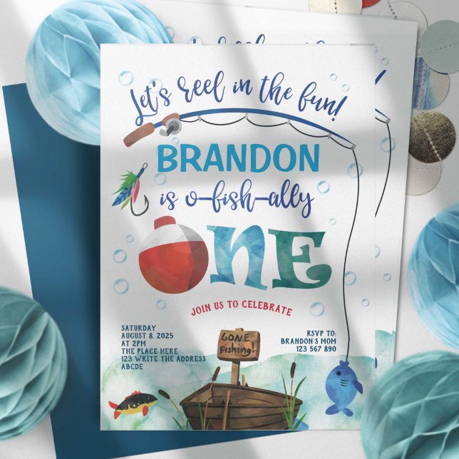 Invitation Pêche terminée, O-fish-all, Le gros, 1er (o-fish-ally, boy 1st birthday invitation, little fisherman, gone fishing themed birthday invites.)