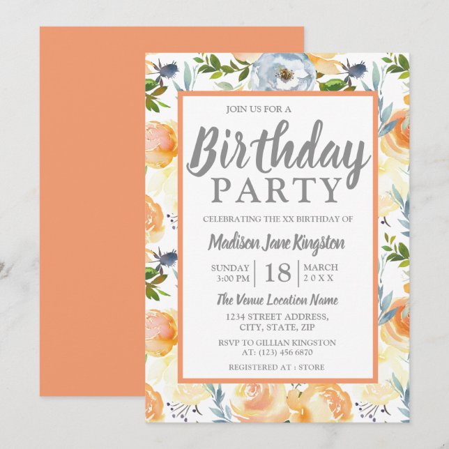 Invitation Pêche tropicale Gris Été Printemps Anniversaire (Devant / Derrière)
