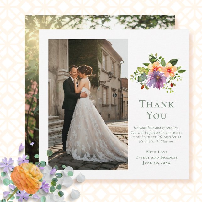 Invitation Pêche verte violet Mariage de photo Florale Merci (Créateur téléchargé)