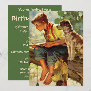 Invitation Pêche vintage pour chiens et garçons, fête d'anniv