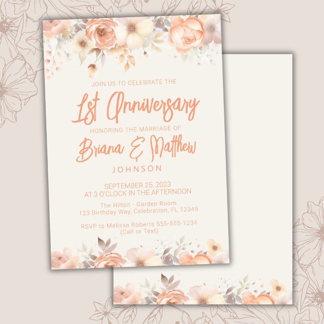 Invitation Pêcher Beige Ivory Floral 1er anniversaire Mariage (Créateur téléchargé)