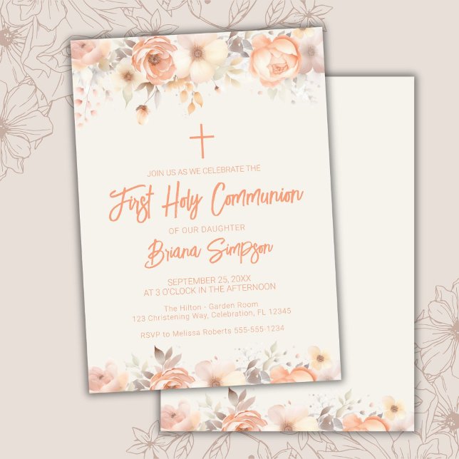 Invitation Pêcher Beige Ivory Floral Première Communion saint (Créateur téléchargé)