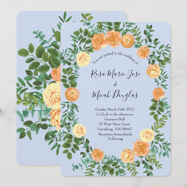 Invitation Pêcher bleu clair Mariage Roses Floral (Devant / Derrière)