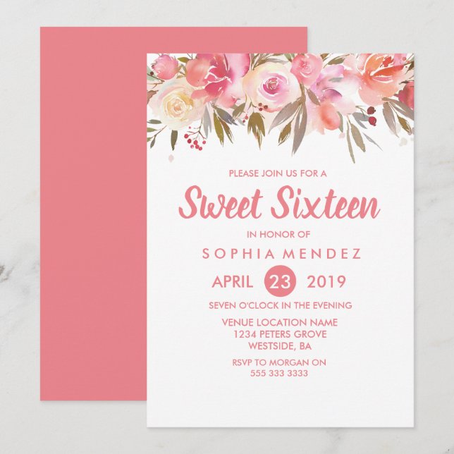 Invitation Pêcher Corail Fleurs Douces 16 Anniversaire Fête (Devant / Derrière)