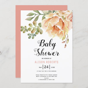 Invitation Pêcher fleurs d'aquarelle et baby shower feuille