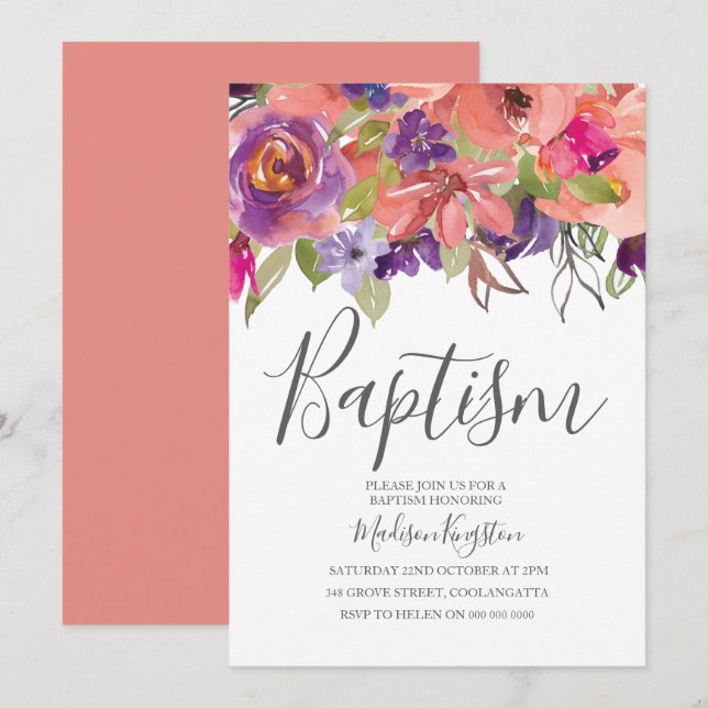 Invitation Pêcher Fleurs Tropicales Garçon Fille Baptême Invi (Devant / Derrière)