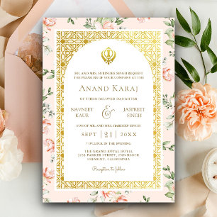 Invitation Pêcher Floral Anand Karaj Punjabi Sikh Mariage
