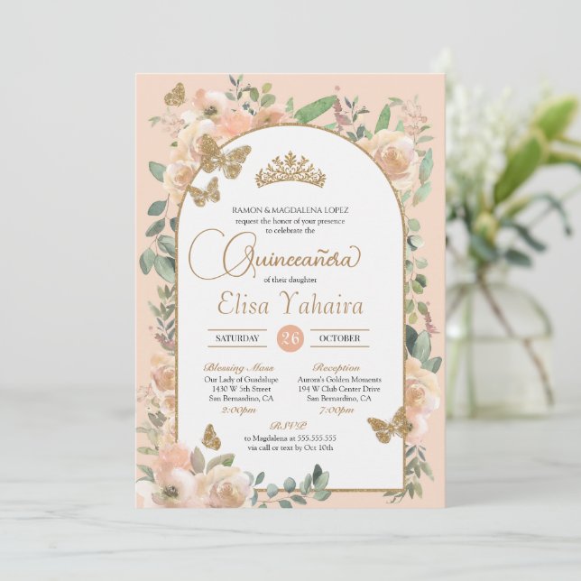 Invitation Pêcher Floral Papillon d'or Aquarelle Quinceañera (Debout devant)