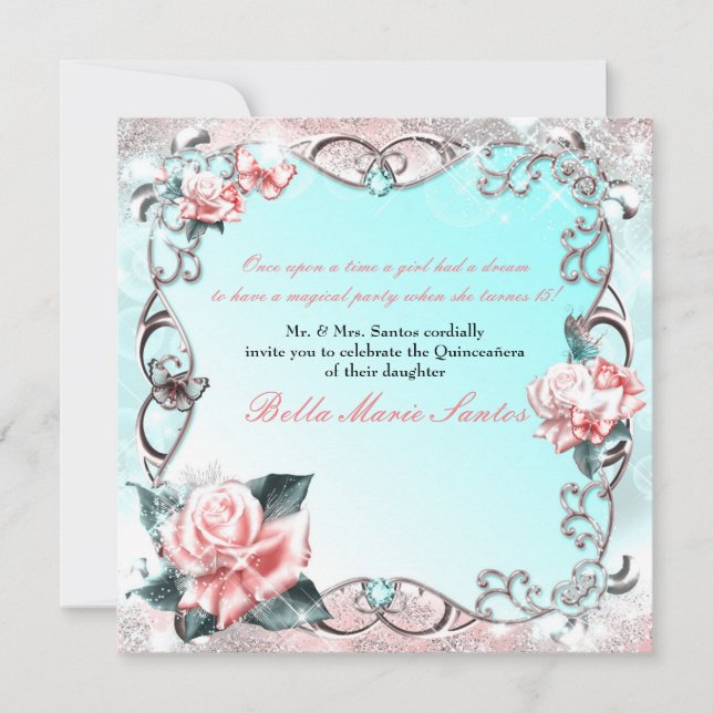 Invitation Pêcher les Roses et les papillons fête d'anniversa (Devant)