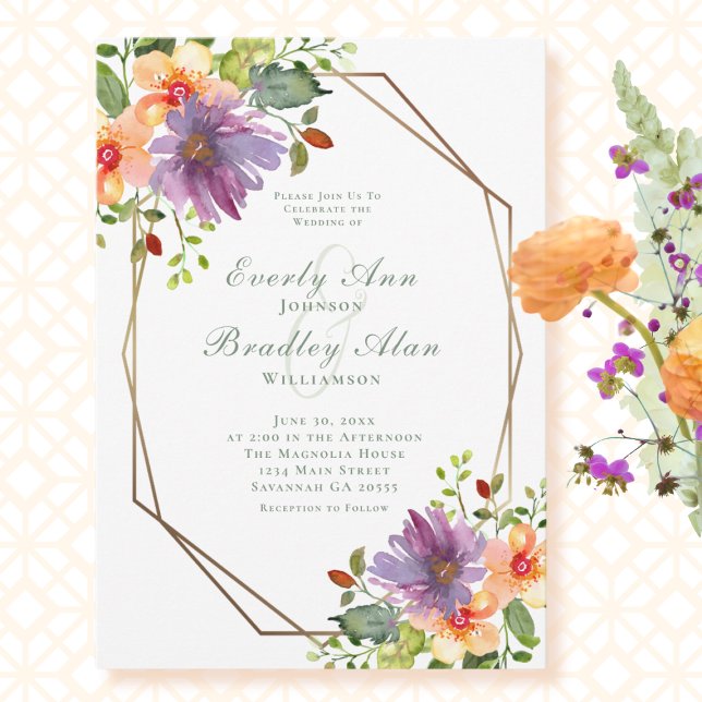 Invitation Pêcher Purple Aquarelle Florale Élégant Mariage (Créateur téléchargé)