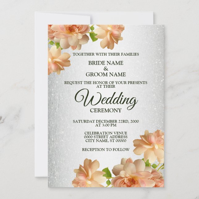 Invitation Pêcher Rose Floral Argent Parties scintillant Mari (Devant)