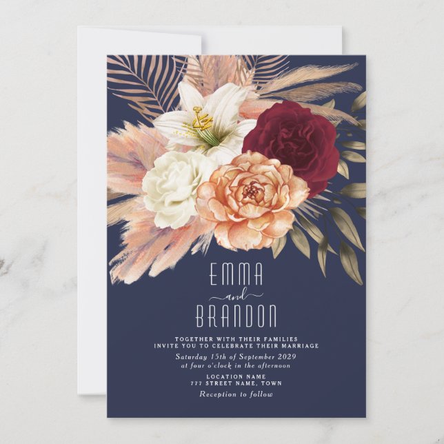 Invitation Pêcher Roses Floral Bourgogne Marine Mariage bleu (Devant)