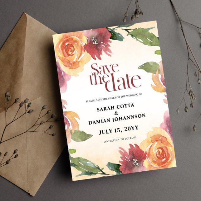 Invitation Pêcher Rouge Floral été Enregistrer la date Invita (Créateur téléchargé)