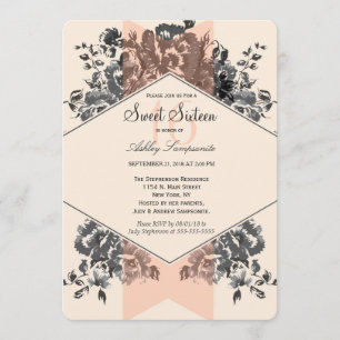 Invitation Pêcher Vintage floral et rayures