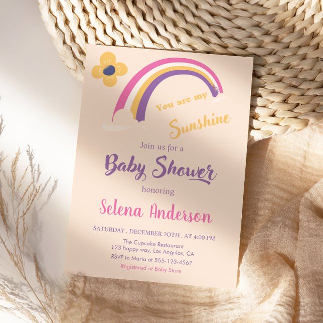 Invitation Pêcher "Vous êtes mon soleil" Baby shower arc-en-c (Créateur téléchargé)