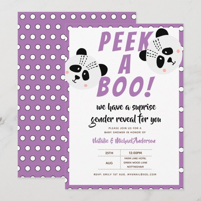 Invitation Peek-A-Boo Sexe Révéler Panda Ours Purple Bébé (Devant / Derrière)