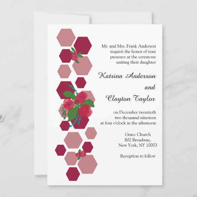 Invitation Peigne de miel et Mariage Rose (Devant)