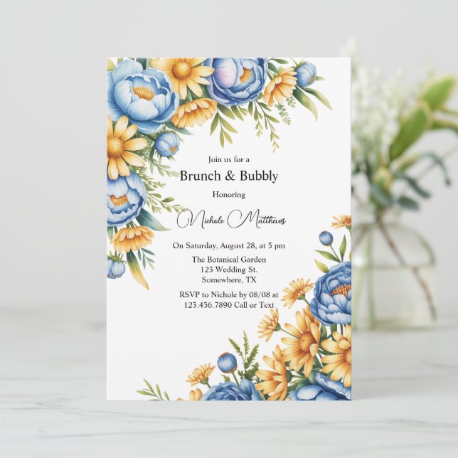 Invitation Peine bleue et marguerites jaunes Brunch & Bubbly (Debout devant)