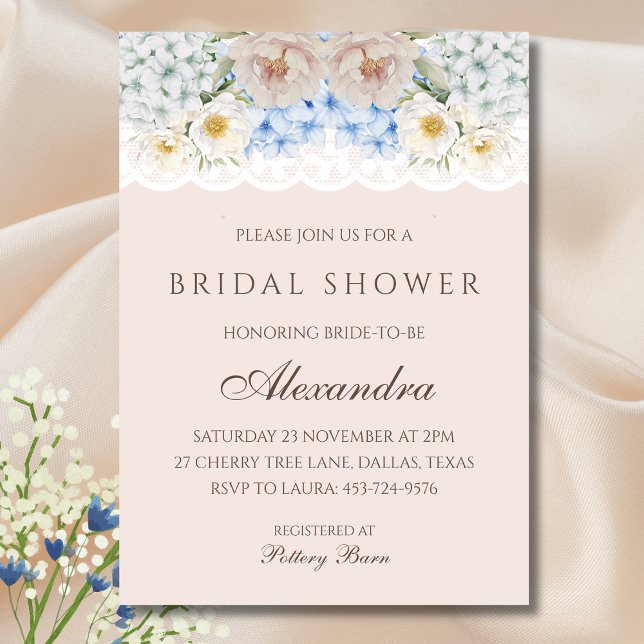 Invitation Peine rose blanche bleu Hydrangea Fête des mariées (Créateur téléchargé)