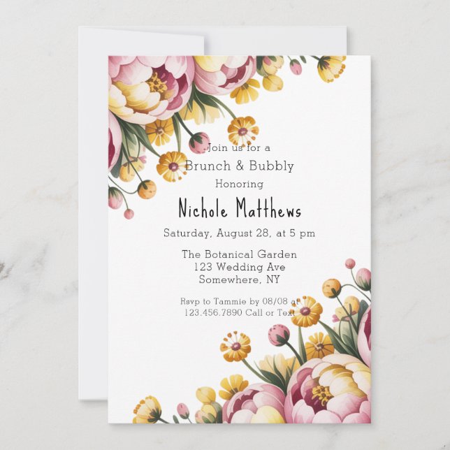 Invitation Peine rose et jaune Floral Brunch & Bubbly (Devant)