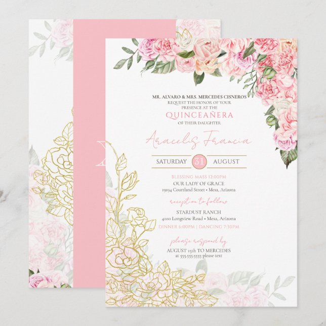 Invitation Peine rose et or Floral Quinceanera province Anos (Devant / Derrière)