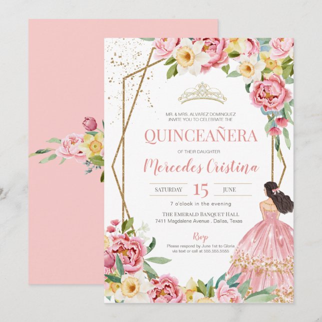Invitation Peine rose pâle et Lily Quinceanera Anniversaire (Devant / Derrière)