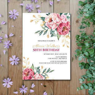Invitation Peine rose rouge feuille d'or vert Anniversaire
