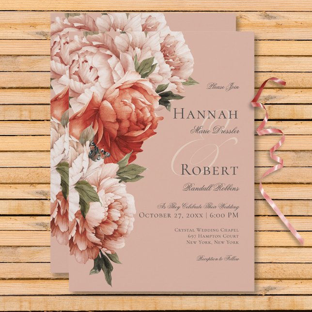 Invitation Peines rustiques de pêche et de rouille sur Mariag (Rustic Peach & Rust Peonies on Peach Wedding Invitation)