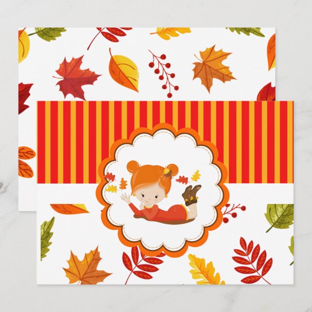 Invitation Peint à la main Automne Adorable fille (Devant / Derrière)