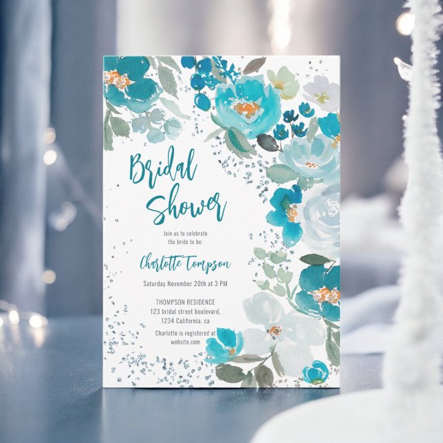 Invitation Peint à la main Blue chic Floral Winter nuptiale d (Hand Painted Blue chic Floral Winter bridal shower Invitation)