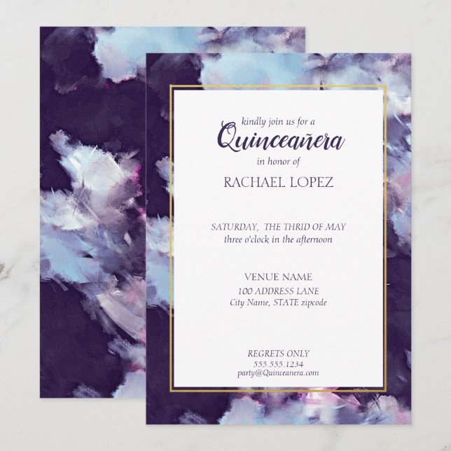 Invitation Peint en violet et or Quinceanera Abstraite (Devant / Derrière)
