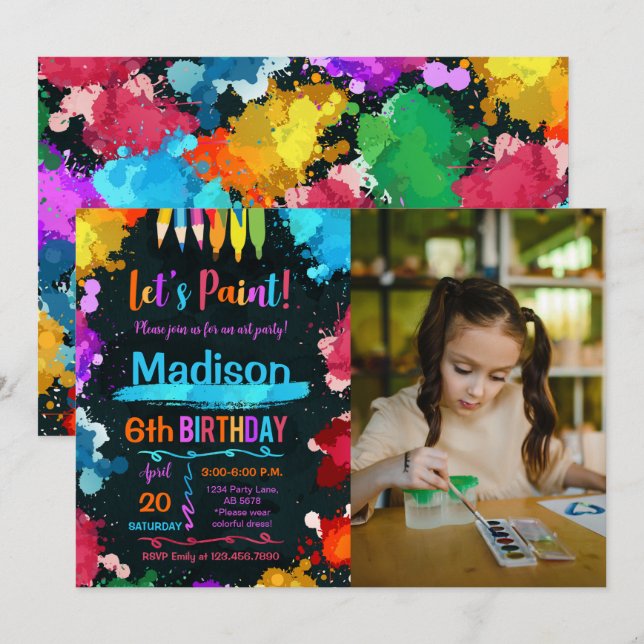 Invitation Peinture Art Anniversaire Fête Photo Noire (Devant / Derrière)