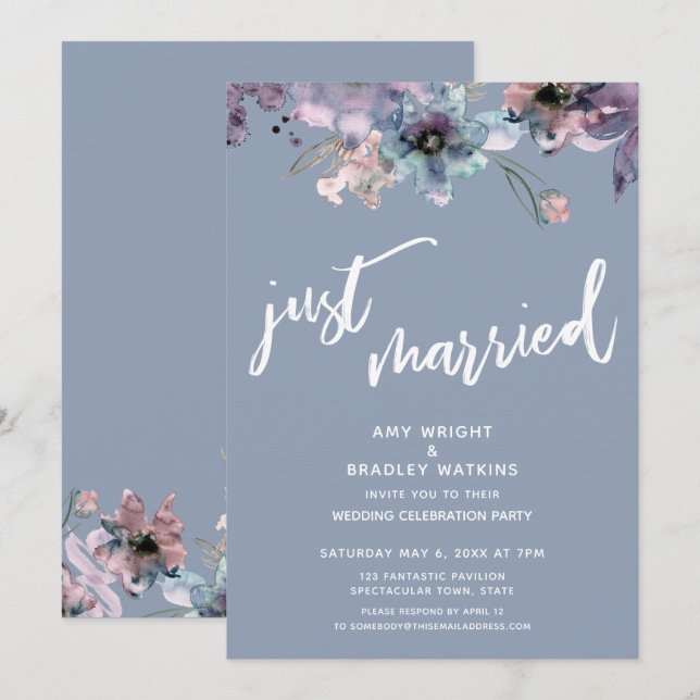 Invitation Peinture Bleu Poussiéreux Réception de mariage Flo (Devant / Derrière)