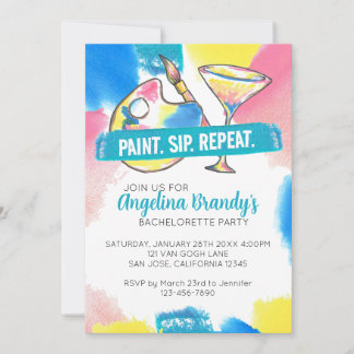 Invitation Peinture colorée Sip Répéter Bachelorette Party