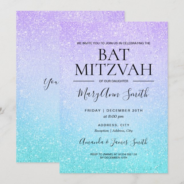 Invitation Peinture de Parties scintillant Faux Bat mitzvah v (Devant / Derrière)