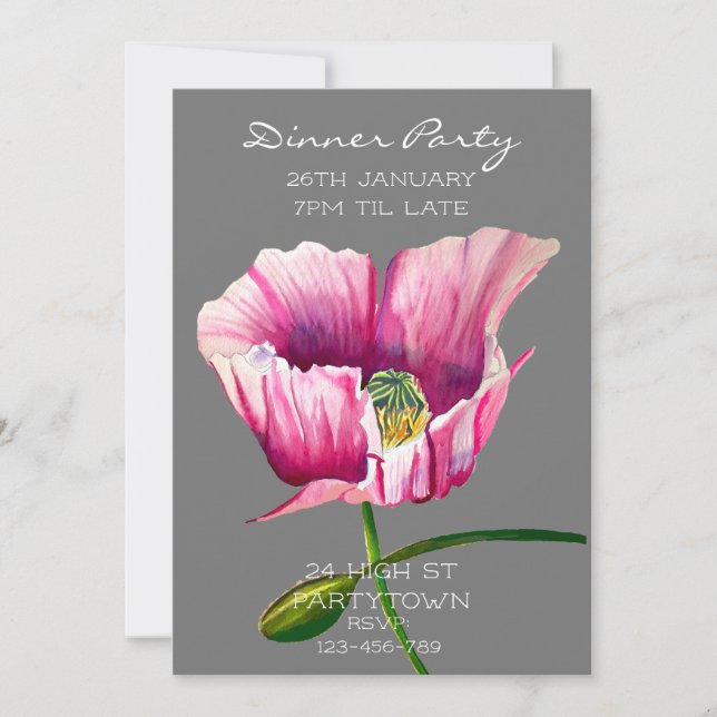 Invitation Peinture de pavot rose aquarelle moderne (Devant)