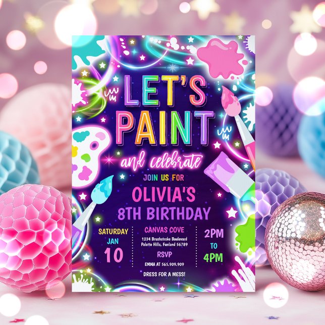 Invitation Peinture de poterie de Neon brillant fête d'annive (Créateur téléchargé)